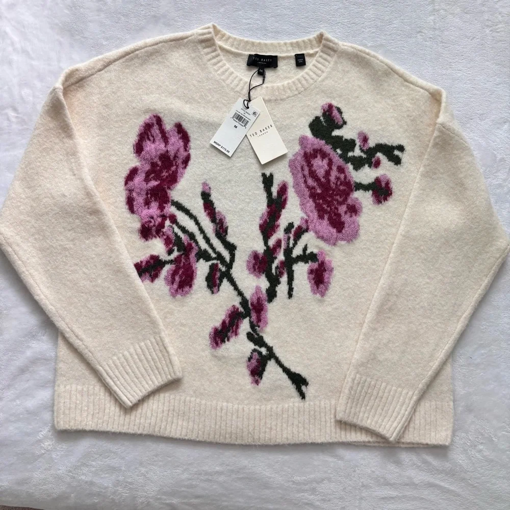 TED BAKER Cream Ivory Long Sleeve Floral Jacquard Sweater--NWT--M - Picture 6 of 16